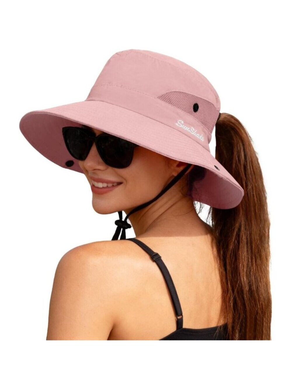 Women's Light Pink 100% Polyester Wide Brim Mesh With Chin Strap Cowboy Sun Hat